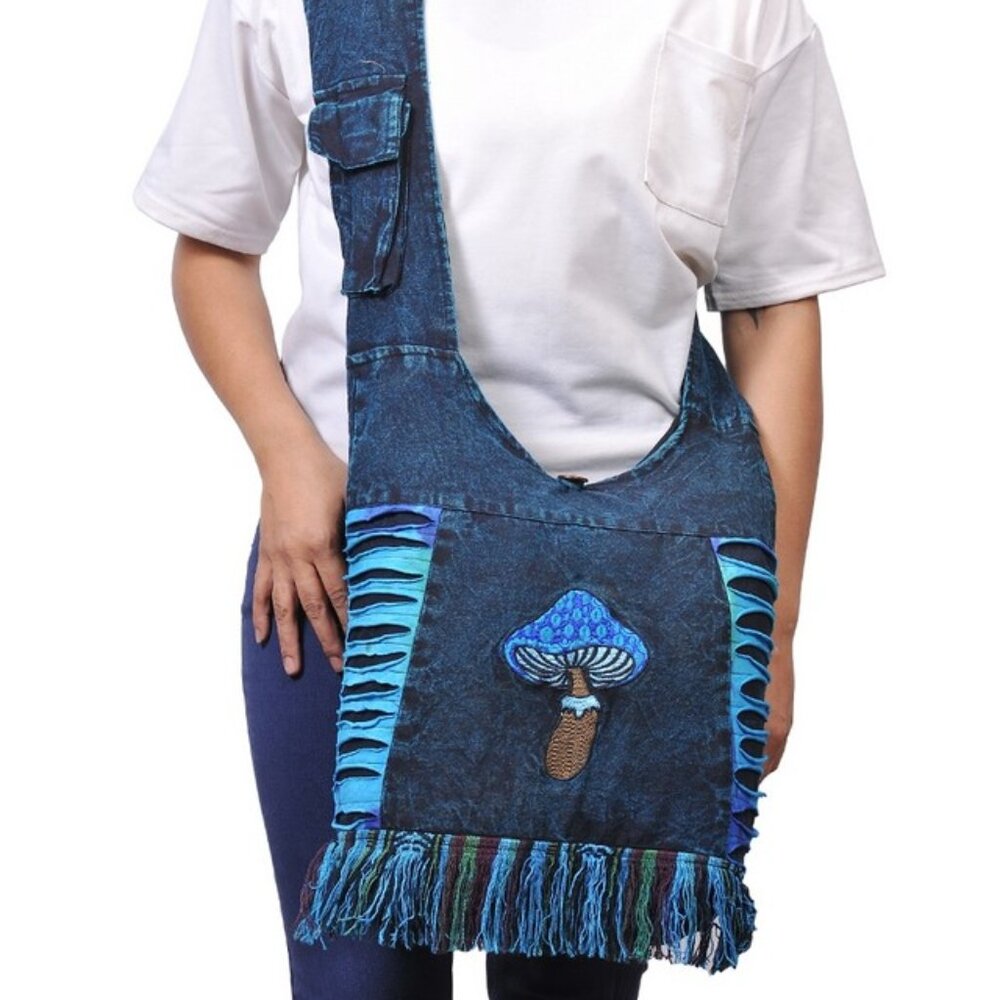 Mushroom Embroidered Hippie Boho Crossbody Cotton Hobo Bag - Picture 2 of 7